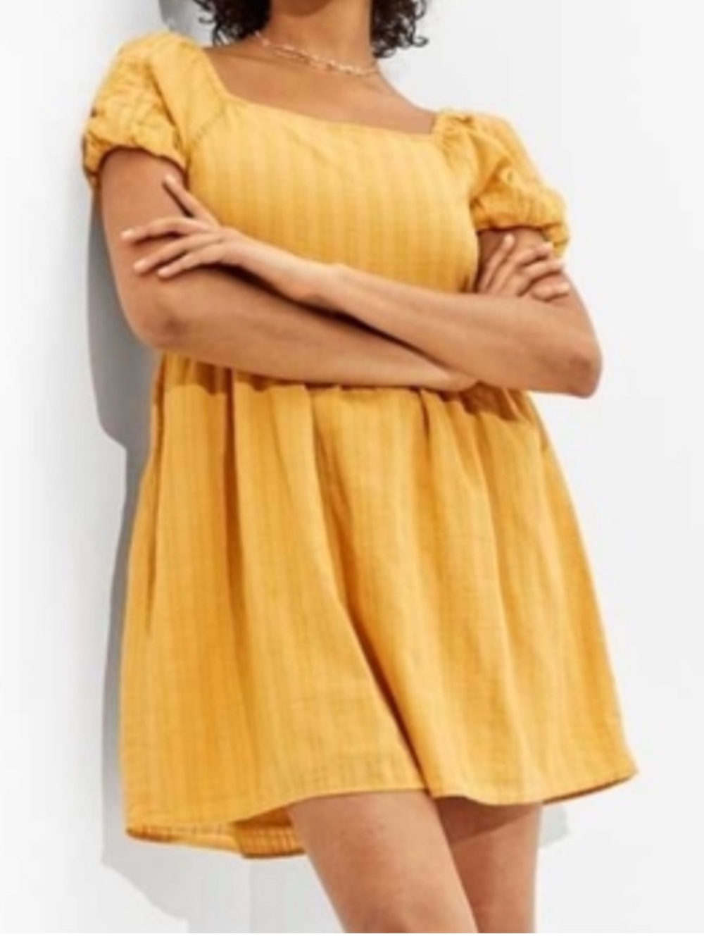 American Eagle babydoll mini dress gold yellow color with puff sleeves xs nwt